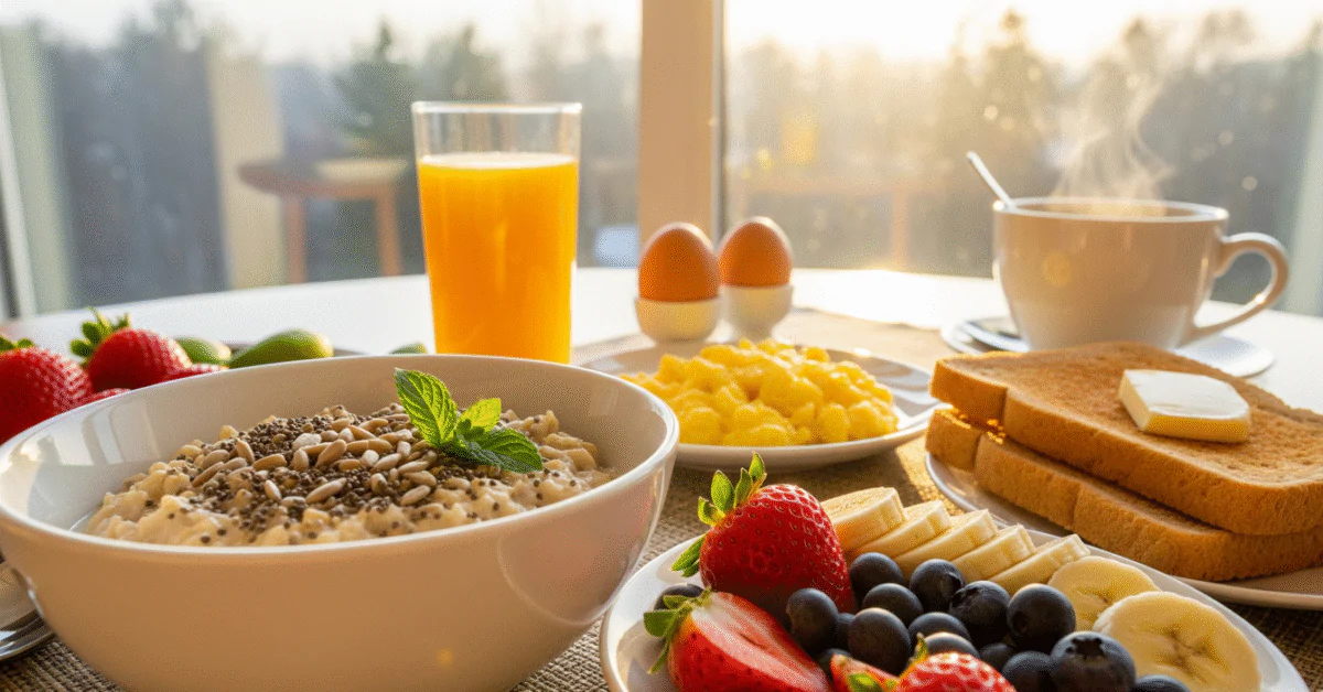 A large, balanced breakfast spread on a table near a sunny window, including oatmeal, eggs, toast, and fresh fruit